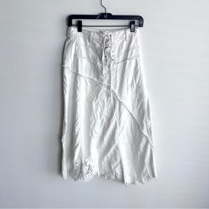 Free People 4 White Padre Island Distressed Lace Up Denim Midi Skirt